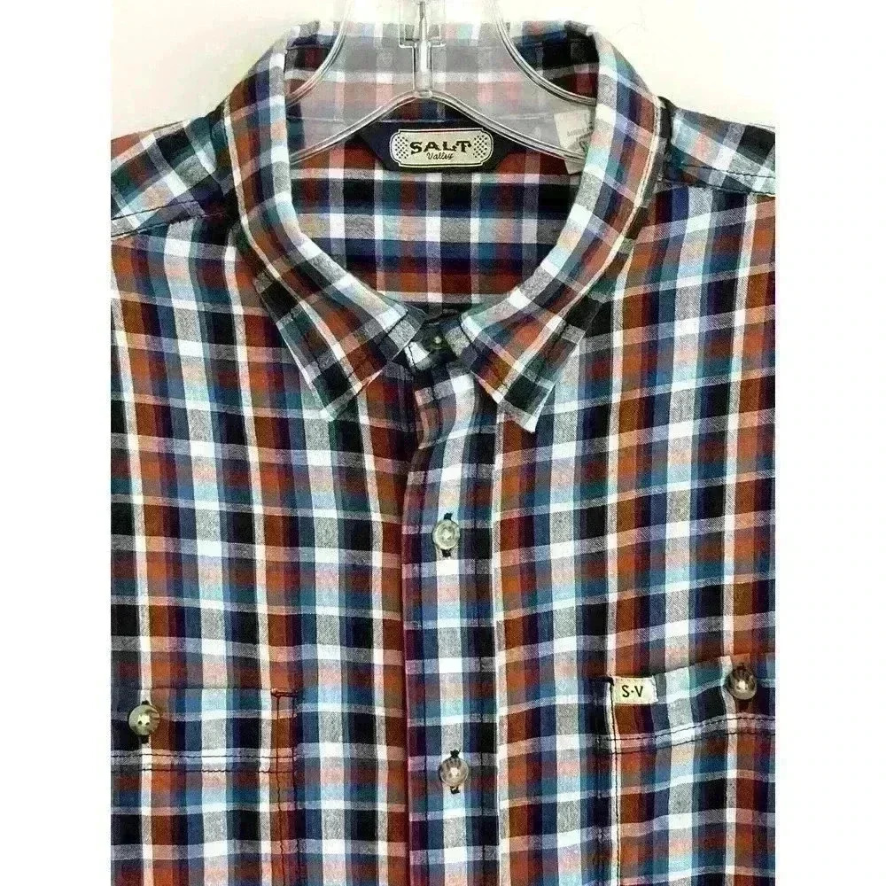 Salt Valley Men's Size LRG Plaid Button Up Shirt Navy Brown Pockets Thin Cotton